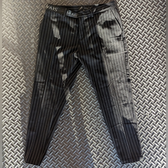 Hurry! Store Close Next Week!!MAUVAIS PINSTRIPE TROUSERS WITH HALF BELT IN BLACK - Picture 4 of 6